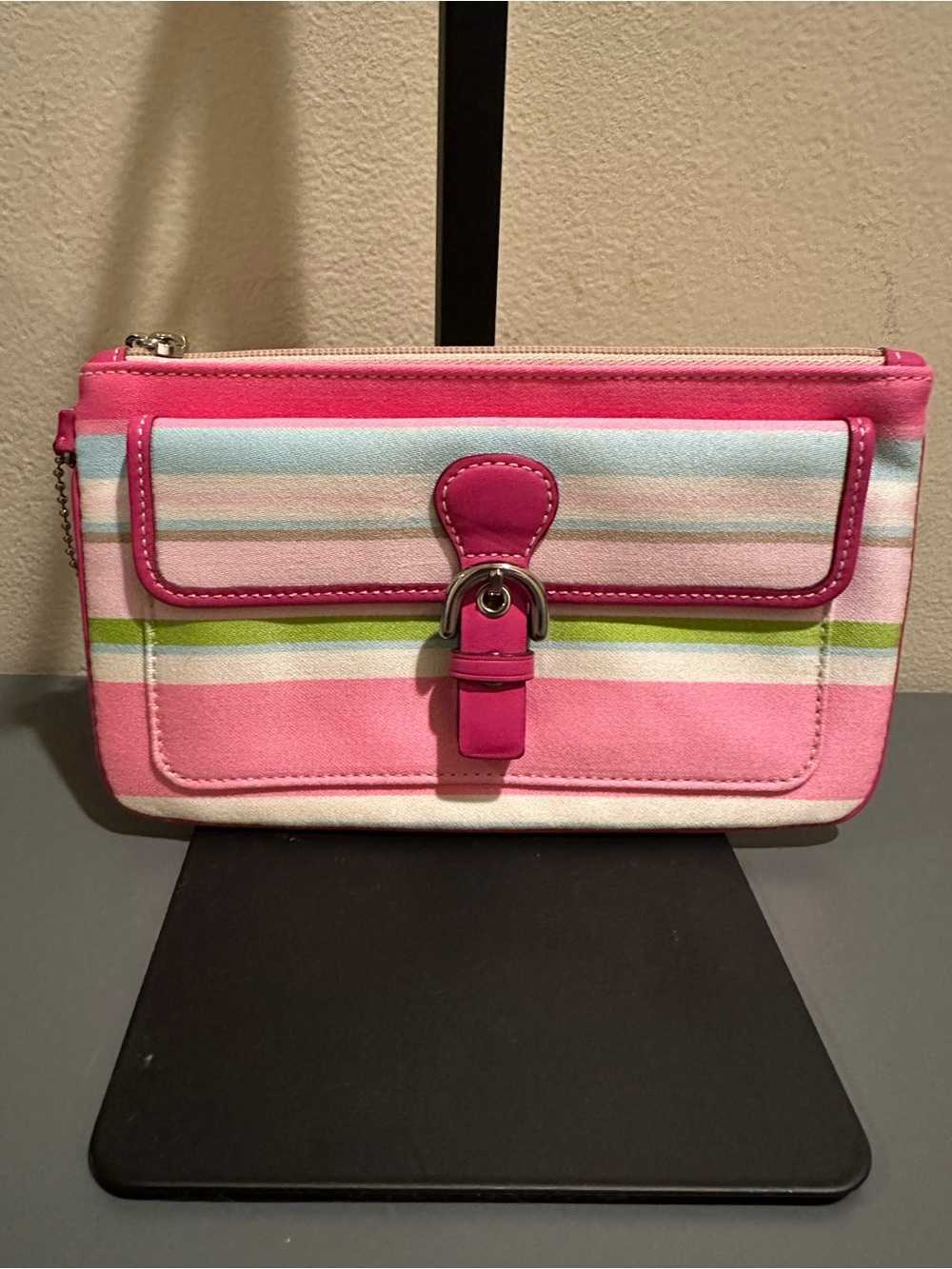 Coach Vintage Y2K SoHo multicolored stripe Pink Leather Trim wristlet